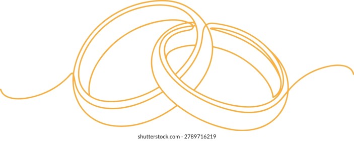 Continuous line drawing of a two intertwined wedding rings symbolizing eternal love and lifelong commitment, line art vector illustration.