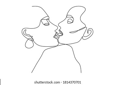 Dibujo continuo de dos caras de besos. Afiche romántico de una línea en estilo contemporáneo con retrato de mujeres y hombres, silueta de pareja de besos. Ilustración vectorial minimalista de moda