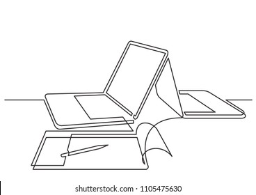 continuous line drawing of two laptop computers and notepad