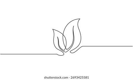 Dibujo continuo de dos hojas que simboliza el crecimiento y la conservación del medio ambiente