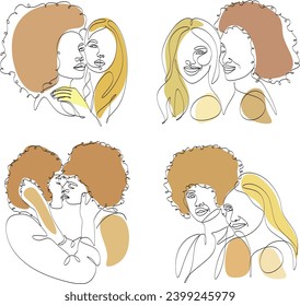 Continuous line drawing of two lesbians kissing. Homosexual couple, love, romance, kiss. Women. LGBT family. Vector isolated black and white line drawing, no piece intelligence