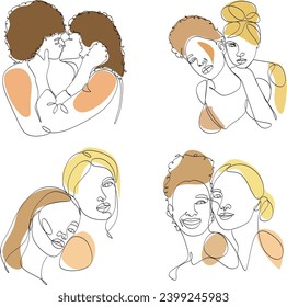 Continuous line drawing of two lesbians kissing. Homosexual couple, love, romance, kiss. Women. LGBT family. Vector isolated black and white line drawing, no piece intelligence