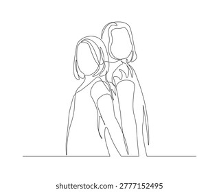 Continuous Line Drawing of Two Little Girls Standing Back to Back, Concept of Close Friendship and Childhood Bonds