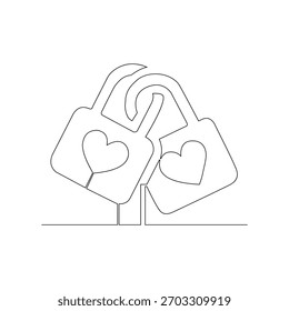 Continuous Line Drawing of Two Love Locks with Hearts Symbolizing Romance