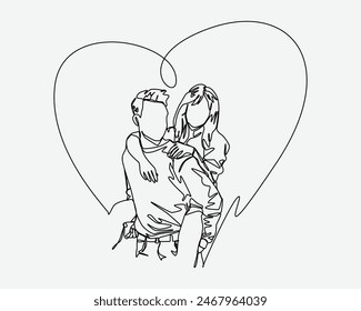 Continuous line drawing of two lovers. Man carrying on back woman with heart sign around her. Editable stroke. Vector illustration.