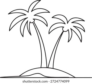 Continuous line drawing of two lush tropical palm trees standing on small sandy island. Summer vacation and exotic destination concept. Minimalist nature sketch. Simple outline art depicting paradise scene. Beach holiday vector illustration. Relaxation and travel theme graphic. Contour style drawing of coconut trees in the tropics.