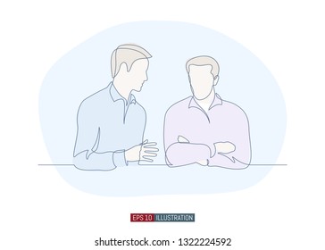 Continuous line drawing of two mans  dialog. Template for your design works. Vector illustration.