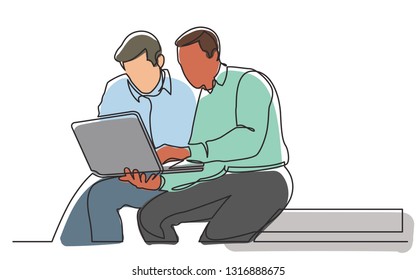 continuous line drawing of two men discussing work task on laptop computer