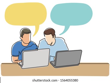 continuous line drawing of two men sitting and talking with laptop computers with speech bubble