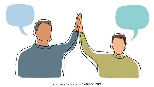 continuous line drawing of two men giving high five