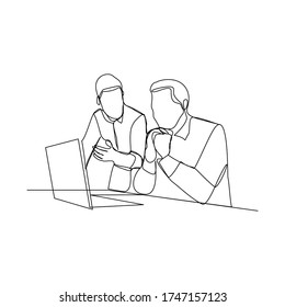 continuous line drawing of two men coworker talking over something on the laptop. vector illustration 