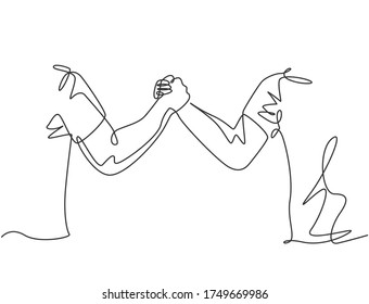 Continuous line drawing of two men wearing shirt handshaking to show sportsmanship at match field. Teamwork together in sport concept. One line drawing graphic design, vector illustration