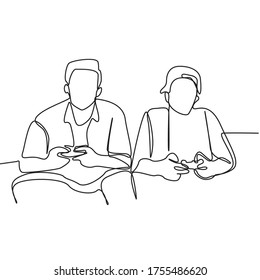 continuous line drawing of two men playing video games on tv with friend. People play game with happy emotion together. People lifestyle concept isolated on white background.