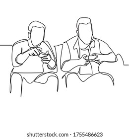 continuous line drawing of two men playing video games on tv with friend. People play game with happy emotion together. People lifestyle concept isolated on white background.