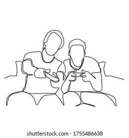 continuous line drawing of two men playing video games on tv with friend. People play game with happy emotion together. People lifestyle concept isolated on white background.