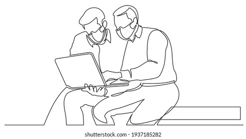 continuous line drawing of two men discussing work task on laptop computer wearing face masks