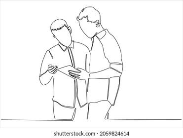 Continuous line drawing of two men studying. Two young students sit in the library or on campus and read books. Learning, Education. vector illustration isolated on white background