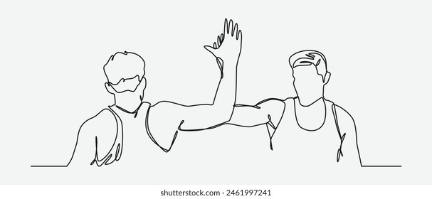 continuous line drawing of two men making a high-five gesture. concept of teamwork, success, friends. editable stroke. vector illustration.