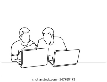 continuous line drawing of two men sitting and talking with laptop computers