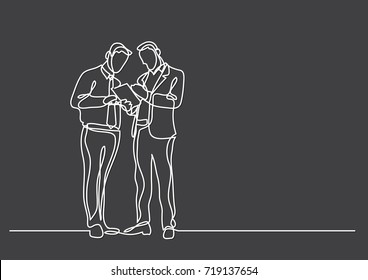 continuous line drawing of two men standing talking about document
