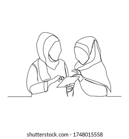 Dibujo continuo de dos mujeres musulmanas de negocios leen y discuten documentos de trabajo. Ilustración vectorial