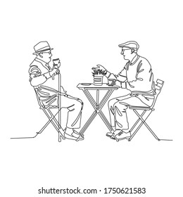 Continuous line drawing of two old friends sit on the couch and talk. The seniors are cheerful by enjoying a cup of tea and sitting on an isolated chair / sofa with a white background
