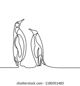 Continuous line drawing two penguins stand opposite each other. Love concept.
