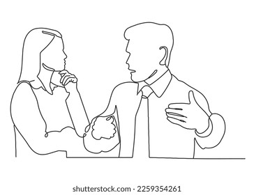 Dibujo continuo de dos personas hablando, ilustración para negocios.