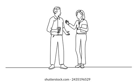 continuous line drawing two people meet and talking during break time, business concept vector illustration	