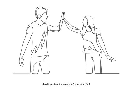 Continuous line drawing of two people clapping high five gesture. Business teamwork success sketch art editable stroke vector illustration