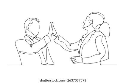 Continuous line drawing of two people clapping high five gesture. Business teamwork success sketch art editable stroke vector illustration
