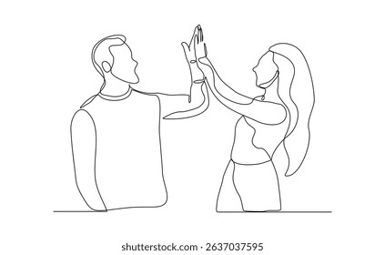 Continuous line drawing of two people clapping high five gesture. Business teamwork success sketch art editable stroke vector illustration