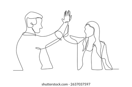 Continuous line drawing of two people clapping high five gesture. Business teamwork success sketch art editable stroke vector illustration
