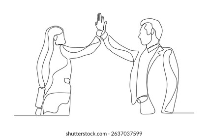 Continuous line drawing of two people clapping high five gesture. Business teamwork success sketch art editable stroke vector illustration