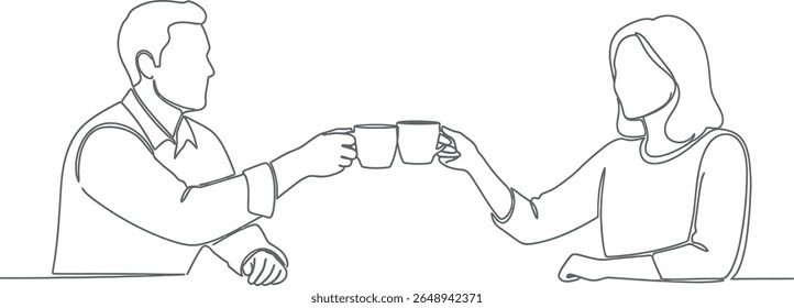Desenho de linha contínuo: duas pessoas brindando canecas para colaboração e sucesso