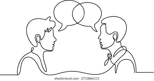 Dibujo de línea continuo Dos Personas Burbujas de discurso conectadas. un dibujo de icono de línea con fondo blanco
