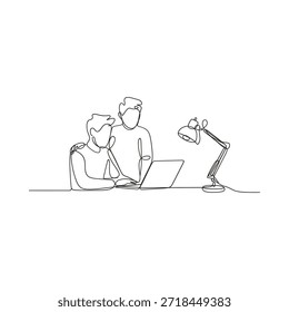 Continuous line drawing of two people working on a laptop with a lamp