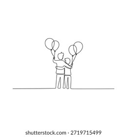Um desenho de linha contínua de duas pessoas se abraçando enquanto seguram balões