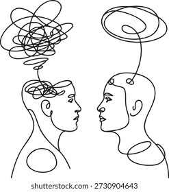 Continuous line drawing of two people communicating with complex and simple thought bubbles. One line art of heads showing contrasting mental states tangled and clear ideas. Minimalist illustration of communication difficulties and understanding between individuals. Sketch of two profiles discussing mental concepts.