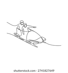 Continuous line drawing of two people riding a snowmobile