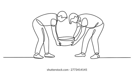 Continuous line drawing of two people lifting an object together in unison vector