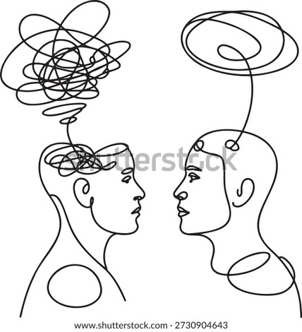 Continuous line drawing of two people communicating with complex and simple thought bubbles. One line art of heads showing contrasting mental states tangled and clear ideas. Minimalist illustration of communication difficulties and understanding between individuals. Sketch of two profiles discussing mental concepts.