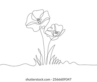 Continuous line drawing of two poppies growing in grass, symbolizing remembrance and honoring the memory of fallen heroes.