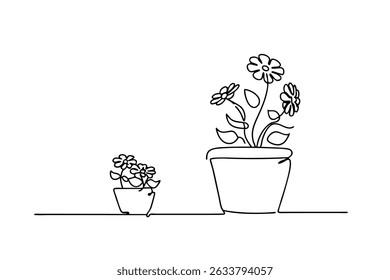 Continuous line drawing of two potted flowers illustrating growth and nature