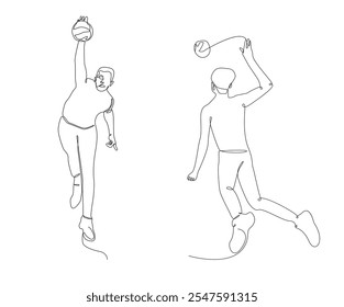 Continuous line drawing of two professional volleyball players with ball isolated on white background. Hand drawn single line vector illustration