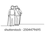 Continuous line drawing of Two senior friends walking and talking to each other with the cane.single-line art of an Elderly man grandfather or senior man isolated on a white background.
