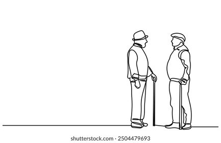 Continuous line drawing of Two senior friends walking and talking to each other with the cane.single-line art of an Elderly man grandfather or senior man isolated on a white background.
