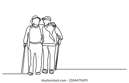 Dibujo de línea continuo de dos amigos mayores caminando y hablando entre sí con el bastón. Arte de una sola línea de un anciano abuelo o hombre mayor aislado sobre un fondo blanco.
