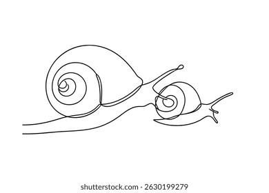 Continuous line drawing of two snails representing connection and movement against white