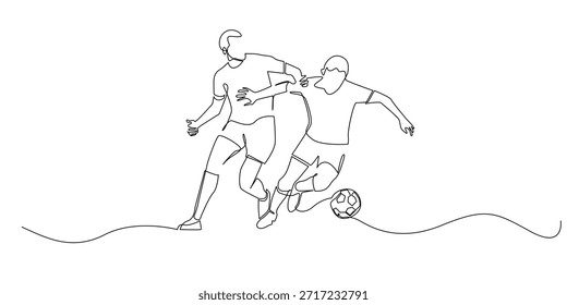Dibujo de línea continuo de dos jugadores de fútbol que compiten por el balón, mostrando intensidad, equilibrio y determinación en un partido. Ilustración de una sola línea adecuada para deportes de fútbol, competición y temas de trabajo en equipo.